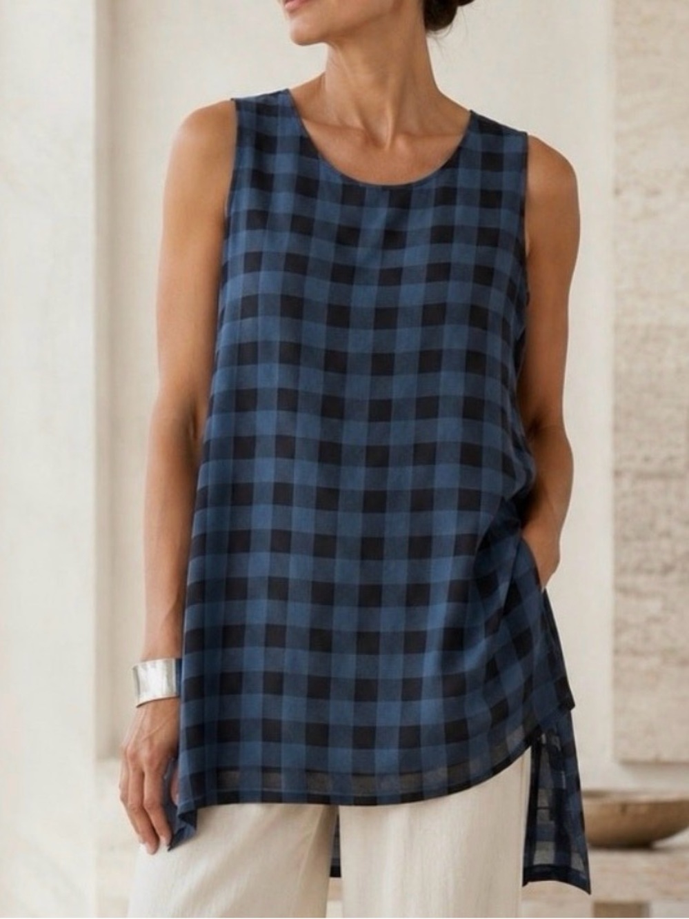 Eileen Fisher Blue Black Buffalo Plaid Check Sleeveless Tunic Dress S/P